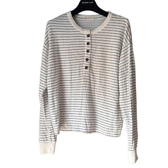 Marine Layer Double Knit Carter Henley in White/Black Stripe - Picture 3 of 8